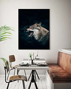 Πίνακας, κοντινό πλάνο ενός λύκου με το στόμα ανοιχτό