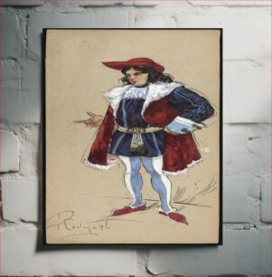 Πίνακας, A man stands with a finger pointed, wearing a red hat, blue doublet and hose and a red overgarment