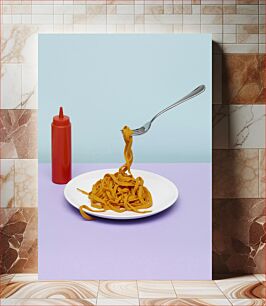 Πίνακας, Abstract Pasta on Plate with Red Bottle Αφηρημένα ζυμαρικά στο πιάτο με κόκκινο μπουκάλι