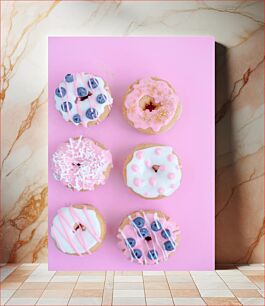 Πίνακας, Assorted Donuts on Pink Background Ποικιλία ντόνατς σε ροζ φόντο