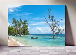 Πίνακας, Beachside Serenity with Trees and Boat Παραθαλάσσια γαλήνη με δέντρα και βάρκα