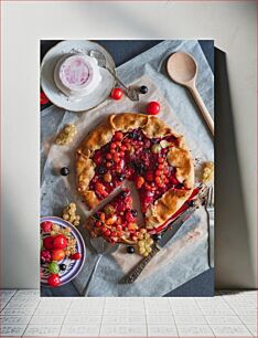 Πίνακας, Berry Tart with Ice Cream and Utensils Τάρτα μούρων με παγωτό και σκεύη