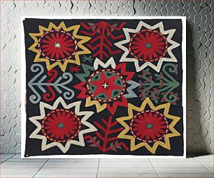 Πίνακας, Black wool pieced ground with polychrome silk embroidery through a printed cotton substrate. There is no binding, edge finishing, or backing. Red basting stitch along one edge for 12"