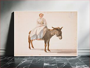 Πίνακας, blonde woman with large, wide eyes and round face seated on a donkey; woman wears a white blouse and apron, yellow vest, long blue skirt, red shoes, red headband and white neckerchief trimmed in red; brown donke