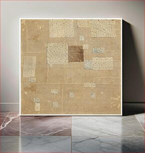 Πίνακας, Blue and beige patterned fabric squares of various sizes sewn onto a pieced together, tan fabric background; two light beige patches sewn on L side, and one brown patch at C; white stitching on patch edges and a