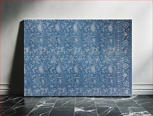 Πίνακας, blue stamped batik with fish and dragon motif in two long panels with upper and lower border designs