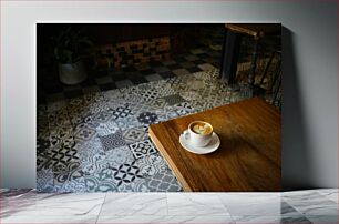 Πίνακας, Cappuccino on Patterned Tile Floor Καπουτσίνο σε δάπεδο με πλακάκια με σχέδια