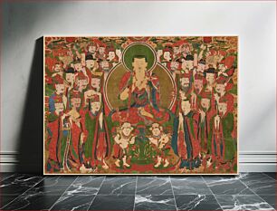 Πίνακας, central seated figure (Ksitigarbha) holding a clear sphere between cupped hands, circles about body and head; figure surrounded by people with two smaller figures below