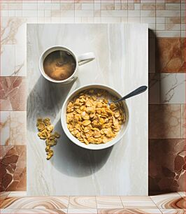 Πίνακας, Cereal and Coffee on Marble Surface Δημητριακά και καφές σε μαρμάρινη επιφάνεια