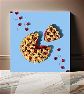 Πίνακας, Cherry Pie on Blue Background Κερασόπιτα σε μπλε φόντο