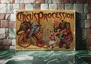 Πίνακας, "Circus Procession" 1888 artwork showing two elephants in human clothing, one of whom rides a tricycle, a clown, and 3 uniformed marching men