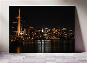 Πίνακας, City Skyline at Night with Illuminated Ship Ο ορίζοντας της πόλης τη νύχτα με το φωτισμένο πλοίο