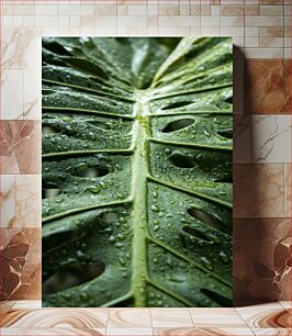 Πίνακας, Close-up of Monstera Leaf with Water Droplets Κοντινό πλάνο του φύλλου Monstera με σταγονίδια νερού