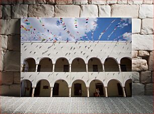 Πίνακας, Colorful Banners on Historic Building Πολύχρωμα πανό σε ιστορικό κτήριο