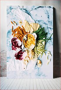 Πίνακας, Colorful Food Spread on Marble Surface Πολύχρωμο Φαγητό Απλωμένο σε Μαρμάρινη Επιφάνεια