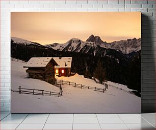 Πίνακας, Cozy Cabin in Snowy Mountains at Dusk Άνετη καμπίνα στα χιονισμένα βουνά στο σούρουπο