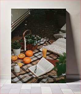 Πίνακας, Cozy Picnic Setup with Book and Oranges Άνετη ρύθμιση για πικνίκ με βιβλίο και πορτοκάλια