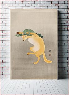 Πίνακας, Dancing Fox with Lotus-leaf Hat (1910) by Ohara Koson