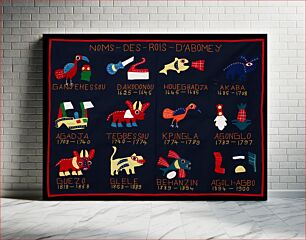 Πίνακας, dark blue panel with appliqued and embroidered animals, ship, pineapple and other images; 12 images with names and dates embroidered in orange and yellow below; red trim