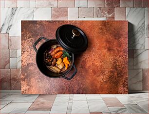 Πίνακας, Delicious Stew in Black Pot Νόστιμο στιφάδο σε μαύρη κατσαρόλα