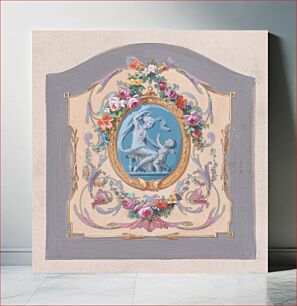 Πίνακας, Design for a Chair Back Cover with an Oval-Shaped Ornamental Frame with a Kneeling Woman and a Playful Putto Surrounded by Garlands of Leaves and Flowers and Scrolling Acanthus Leaves Inside a Larger Ornamental