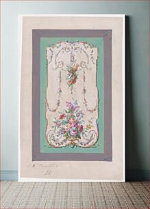 Πίνακας, Design for a Panel with a Large Bundle of Flowers and Leaves and a Hanging Thin Bundle Containing Gardening Tools Inside an Ornamental Frame Decorated with Thin Garlands of Flowers and Leaves