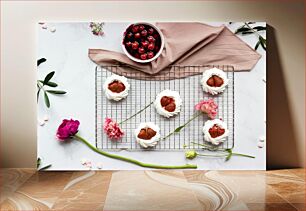 Πίνακας, Desserts on a Wire Rack with Flowers Επιδόρπια σε σχάρα με λουλούδια