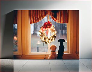 Πίνακας, Dogs Gazing Out Window at Wreath Σκύλοι που κοιτάζουν έξω από το παράθυρο στο στεφάνι