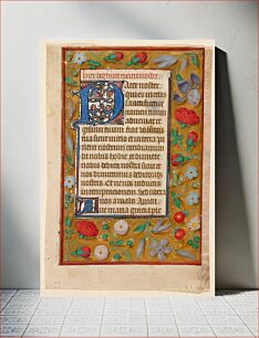 Πίνακας, Double-sided; illumination on recto only; borders on all sides, top and one side narrower; solid gold (not leaf) background strewn with flowers and shadows: roses, rosebuds, columbine, iris, paquerettes, forget-