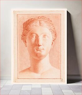 Πίνακας, drawing of sculpted head of woman with round face and rather thick neck; hair in waves--wearing headband