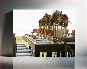 Πίνακας, Elegant Table Setting with Orange Glasses and Floral Arrangements Κομψό τραπεζάκι με πορτοκαλί ποτήρια και λουλουδένιες συνθέσεις