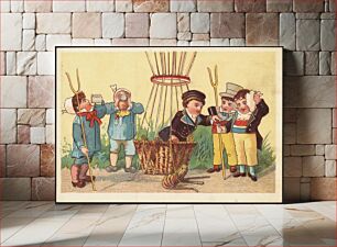 Πίνακας, Five boys, four standing around a grounded hot air balloon, one standing inside the basket pouring drinks for the others