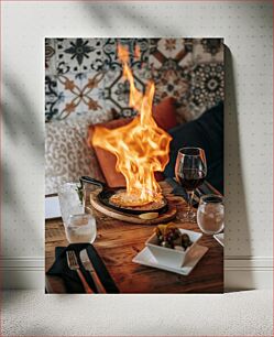 Πίνακας, Flaming Cheese Dish on Table Φλεγόμενο πιάτο τυριού στο τραπέζι