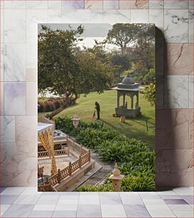 Πίνακας, Gardener Sweeping in a Lush Garden Κηπουρός που σκουπίζει σε έναν καταπράσινο κήπο