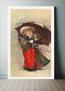 Πίνακας, Girl in red coat with Christmas wreath, umbrella, and puppy in the snow (1900)