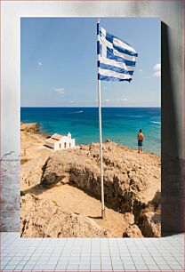 Πίνακας, Greek Flag Overlooking Sea Ελληνική Σημαία με θέα στη Θάλασσα
