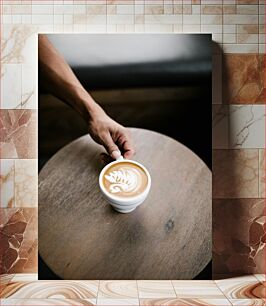 Πίνακας, Hand Holding Latte on Wooden Table Χέρι κρατώντας Latte σε ξύλινο τραπέζι