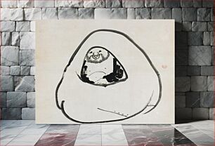 Πίνακας, Heavy-set man seated inside a large sack; smiling man has light beard and wears dark garment, open at the chest; has storage box