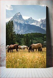 Πίνακας, Horses Grazing in Scenic Mountain Landscape Άλογα που βόσκουν σε γραφικό ορεινό τοπίο