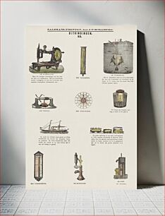 Πίνακας, Illustration of 11 representations of inventions such as sewing machine, barometer, and compass (1869–1882) by Monogrammist W.H.V