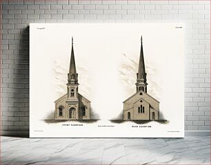 Πίνακας, Illustration of a frontside and a backside of an American church by Samuel Sloan (1815–1884), a vintage drawing of a simple architecture. Digitall