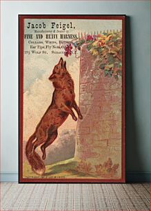 Πίνακας, Jacob Feigel. Manufacturer & dealer in fine and heavy harness. Collars, whips, brushes, ear tips, fly nets, oil &c. 19 1/2 Wolf St., Syracuse, N.Y