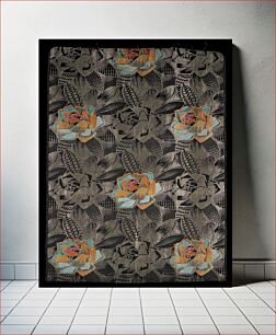 Πίνακας, jacquard woven; gold on black with sections in orange, turquoise and purple; repeating abstract flower and leaf pattern