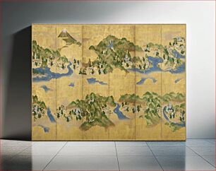 Πίνακας, Landscape scenes with gold sky and gold ground between scenes; rolling mountains; villages by bodies of water and rivers with small groves of trees; snow-covered large mountain peak at top of second panel from L