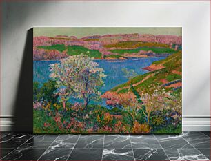 Πίνακας, landscape with brilliant blue body of water; pink and green foliage on hills beyond water; tall tree with white blossoms at front left; green trees and foliage, and blue, purple, white and pink foliage, in foreg