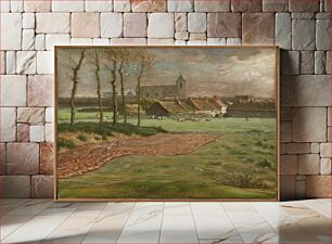 Πίνακας, landscape with farm field in foreground, church in background, and low buildings and sheep in middle ground