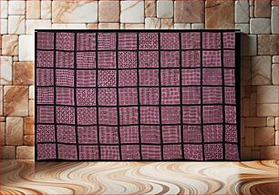 Πίνακας, large panel with two selvedges and two hemmed edges (hemmed in red and white machine stitches); lavender fabric separated into blocks with strips of appliqued black cloth; stamped designs on each block in brown-