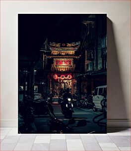 Πίνακας, Night Street Scene with Illuminated Pagoda Σκηνή Νυχτερινής Δρόμου με Φωτισμένη Παγόδα