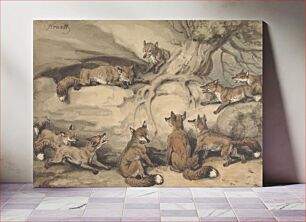 Πίνακας, Nine Foxes Gathered Around a Tree: an Illustration of Aesop's Fable, "The Fox who Lost His Tail"