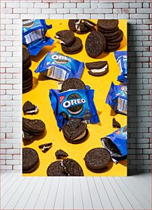 Πίνακας, Oreo Cookies on Yellow Background Μπισκότα Oreo σε κίτρινο φόντο